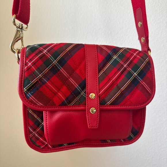 Talbots Handbags - Talbots Red Tartan Plaid Wool Crossbody Bag Leather Flap Holiday Classic